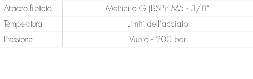 Attacco filettato,Metrici o G (BSP): M5 3/8”,Temperatura,Limiti dell’acciaio,Pressione,Vuoto 200 bar 